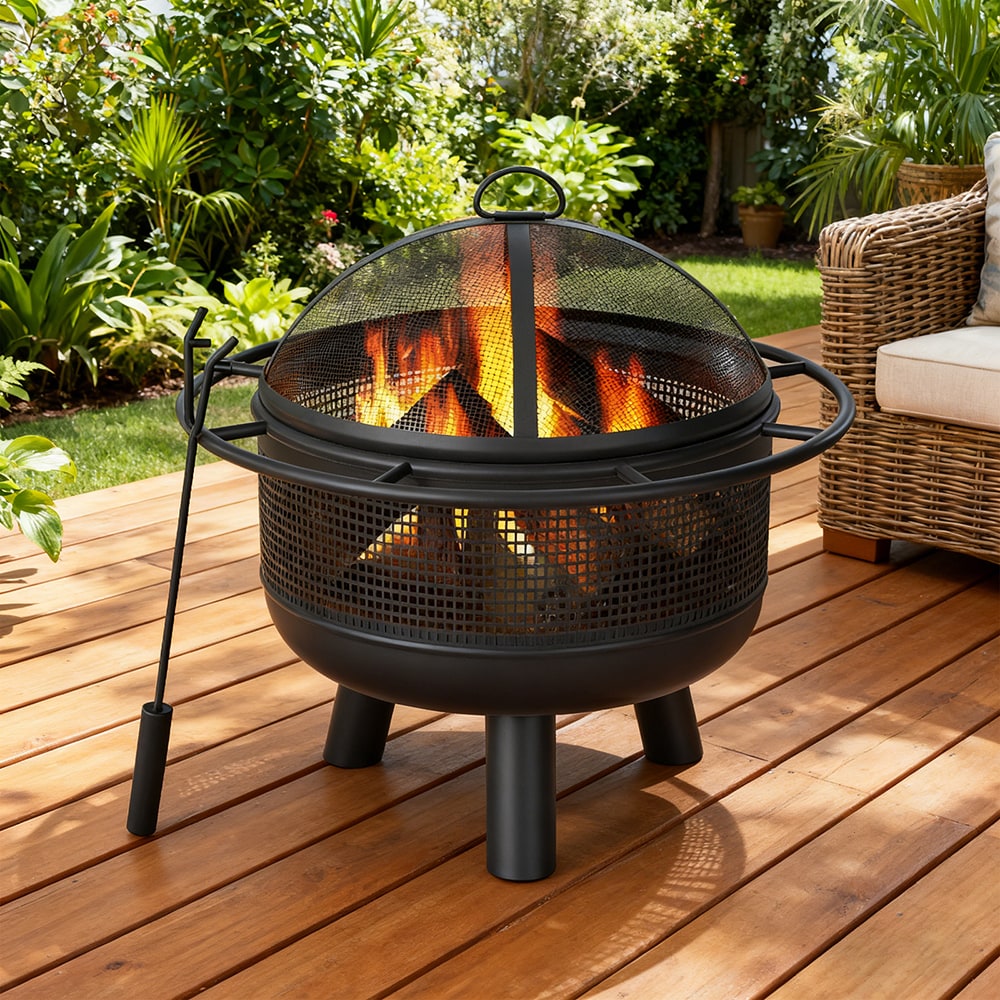24 Inch Wood Burning Fire Pit With Log Grate And Mesh Screen For Outside_voghion.com